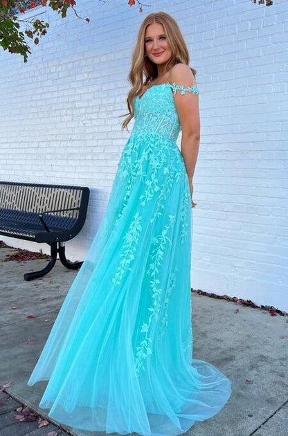 dressimeA Line V Neck Tulle Prom Dresses Lace Appliques Evening Dresses 