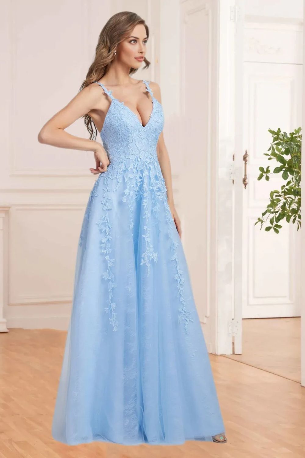 Dressime A Line V Neck Tulle Prom Dresses Lace Appliques Evening Dresses dressime