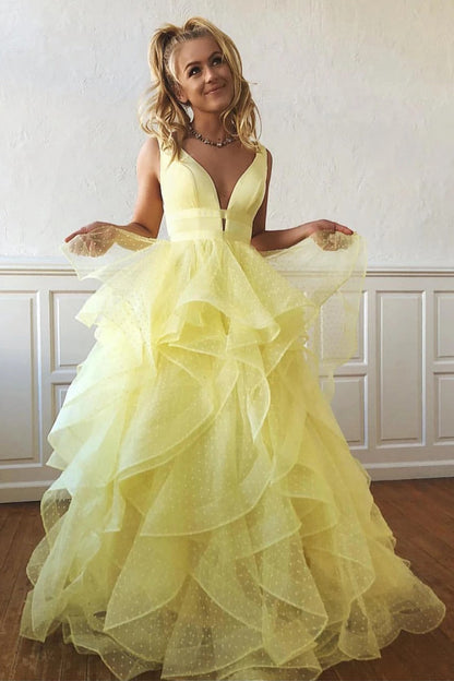 Dressime A Line V Neck Tulle Tiered Long Prom Dress dressime