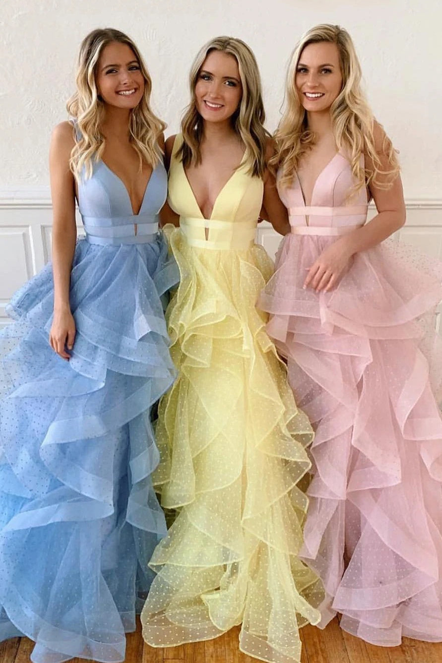 Dressime A Line V Neck Tulle Tiered Long Prom Dress dressime