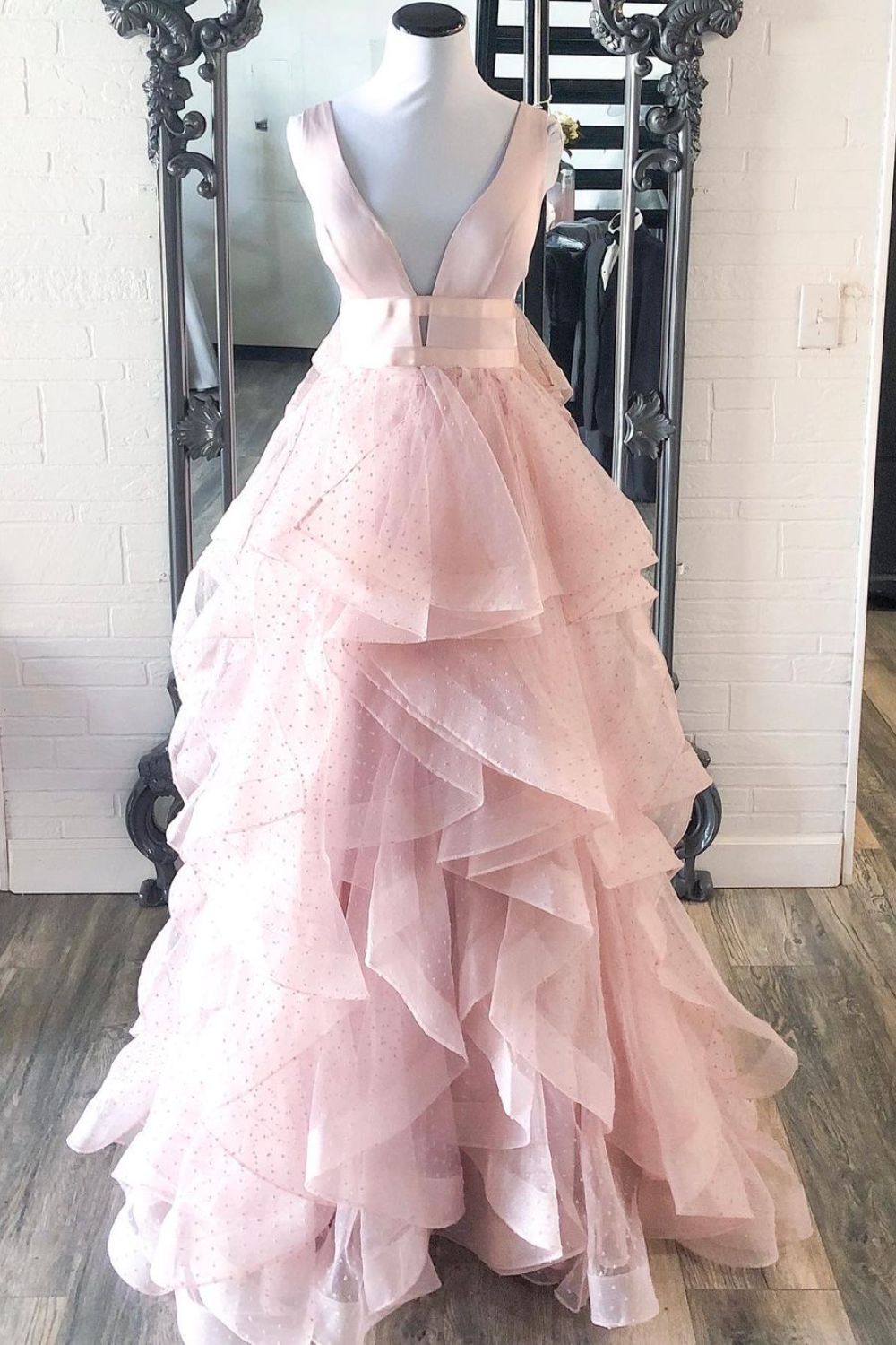 Dressime A Line V Neck Tulle Tiered Long Prom Dress dressime