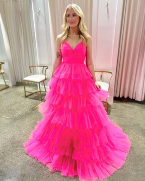 Dressime A Line V Neck Tulle Tiered Plunging Long Prom Dress dressime