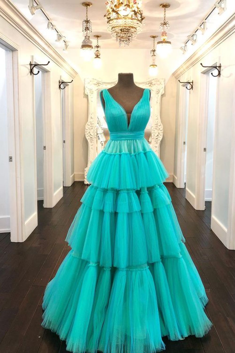 Dressime A Line V Neck Tulle Tiered Ruffle Long Prom Dress dressime