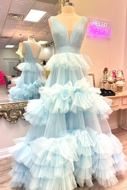 Dressime A Line V Neck Tulle Tiered Ruffle Long Prom Dress dressime