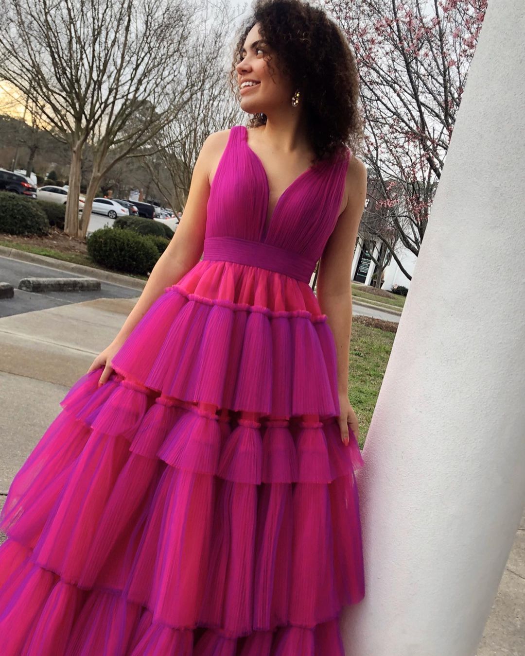 Dressime A Line V Neck Tulle Tiered Ruffle Long Prom Dress dressime