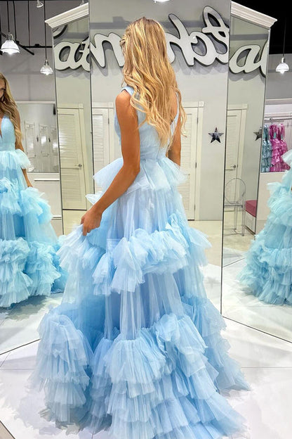 Dressime A Line V Neck Tulle Tiered Ruffle Long Prom Dress dressime