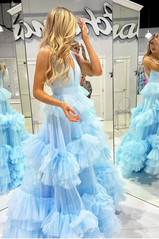 Dressime A Line V Neck Tulle Tiered Ruffle Long Prom Dress dressime