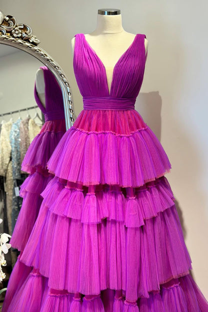 Dressime A Line V Neck Tulle Tiered Ruffle Long Prom Dress dressime