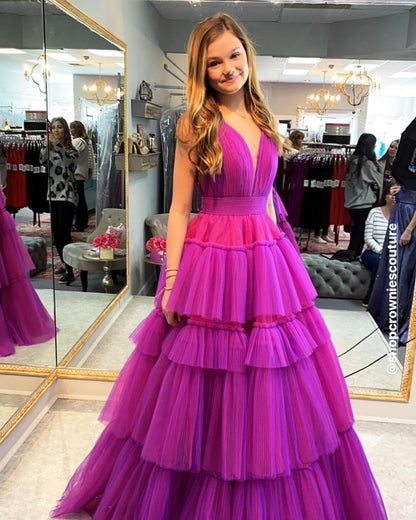 Dressime A Line V Neck Tulle Tiered Ruffle Long Prom Dress dressime