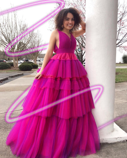 Dressime A Line V Neck Tulle Tiered Ruffle Long Prom Dress dressime