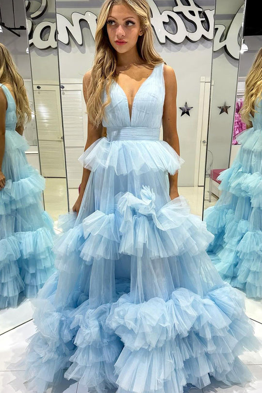 Dressime A Line V Neck Tulle Tiered Ruffle Long Prom Dress dressime