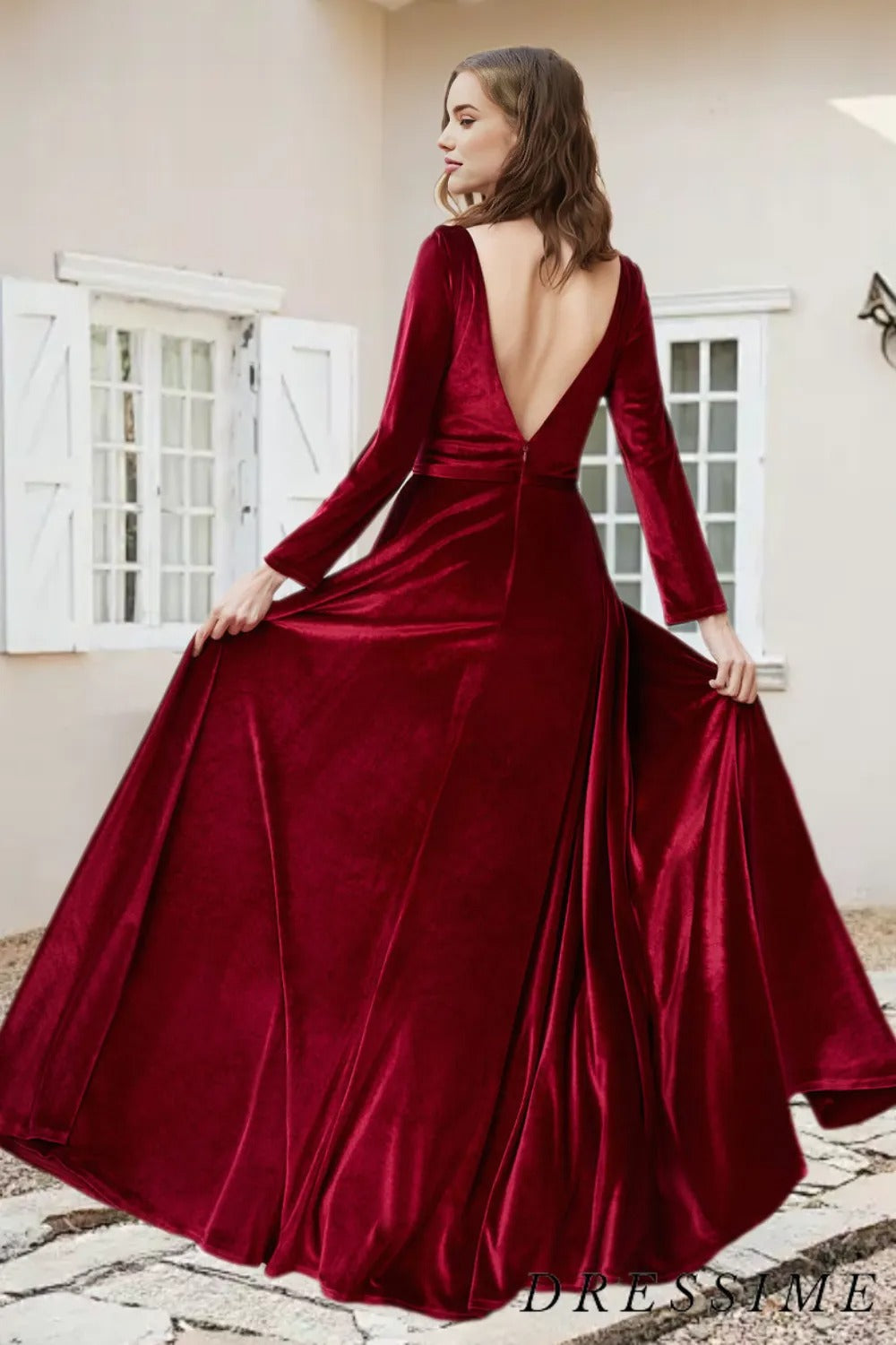 Dressime A Line V Neck Velvet Long Sleeves Bridesmaid Dress With Slit dressime