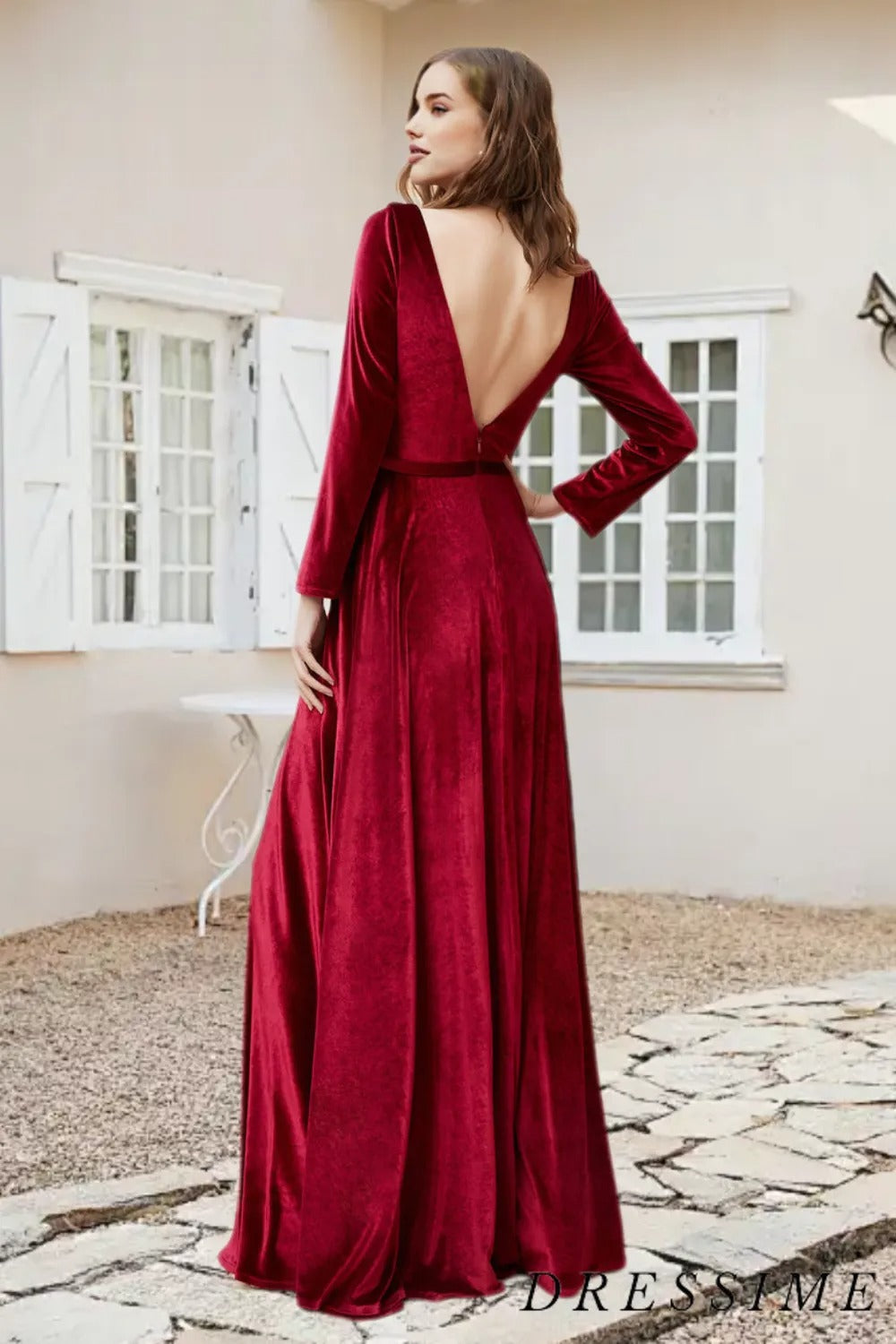 Dressime A Line V Neck Velvet Long Sleeves Bridesmaid Dress With Slit dressime