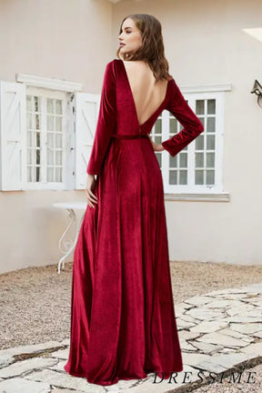 Dressime A Line V Neck Velvet Long Sleeves Bridesmaid Dress With Slit dressime