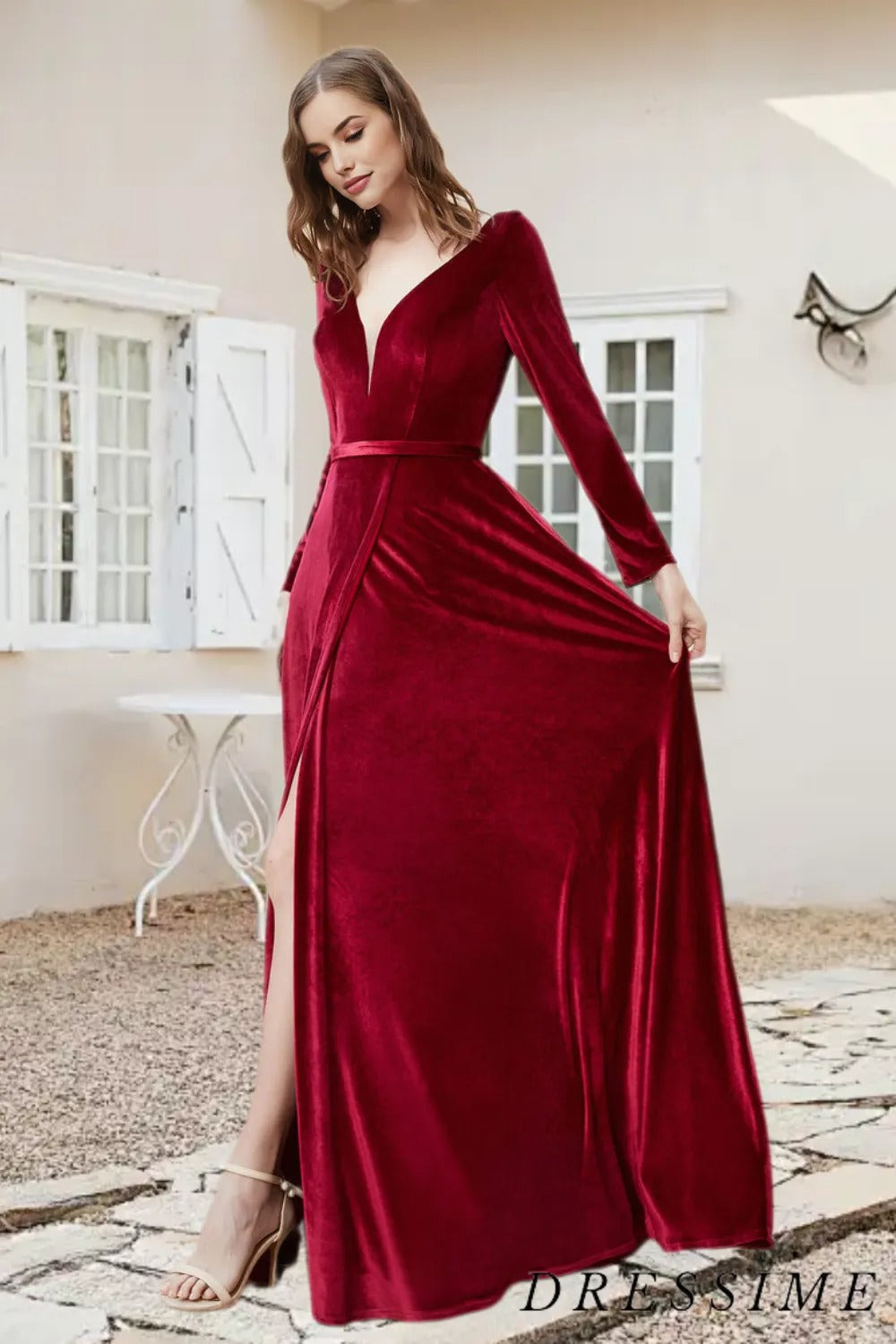 Dressime A Line V Neck Velvet Long Sleeves Bridesmaid Dress With Slit dressime