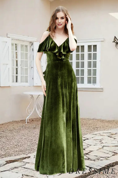 Dressime A Line V Neck Velvet Ruffled Long Bridesmaid Dress With Slit dressime