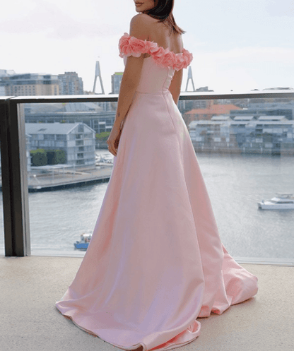 Dressime A line Off the Shoulder Sweetheart Satin Long Prom Dresses With Flowers dressime