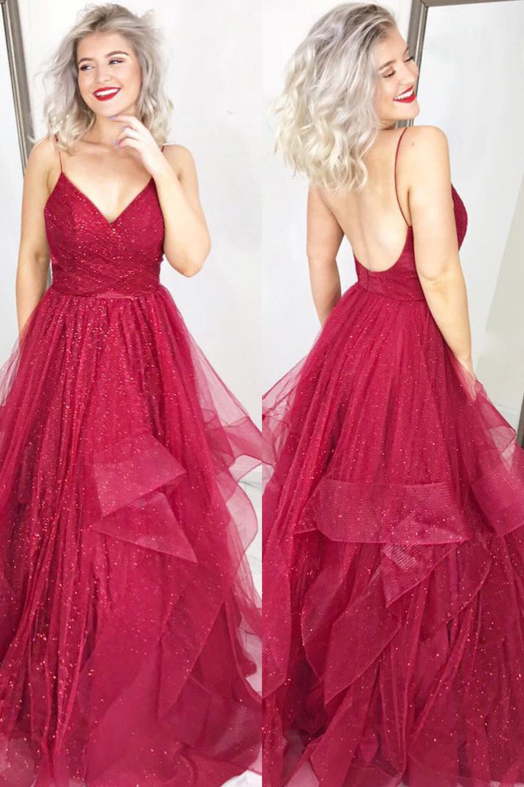 Dressime A line Ruffles Spaghetti Straps Tulle Long Prom Dress dressime