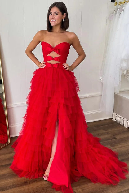 Dressime A line Straoless Tulle Tiered Slit Floor-Length Prom Dress dressime