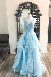 Dressime Asymmetrical A Line Spaghetti Straps Tulle Lace Ruffled Prom Dress dressime