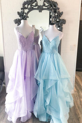 Dressime Asymmetrical A Line Spaghetti Straps Tulle Lace Ruffled Prom Dress dressime