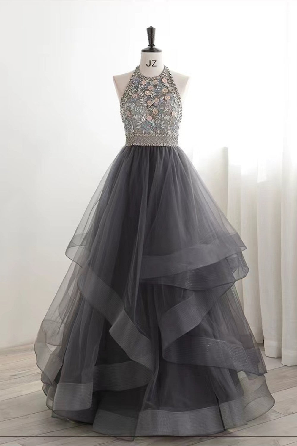 Dressime Asymmetrical Ball Gown Halter Tulle Prom Dress With Beaded dressime