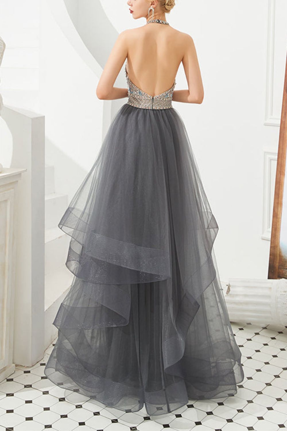 Dressime Asymmetrical Ball Gown Halter Tulle Prom Dress With Beaded dressime