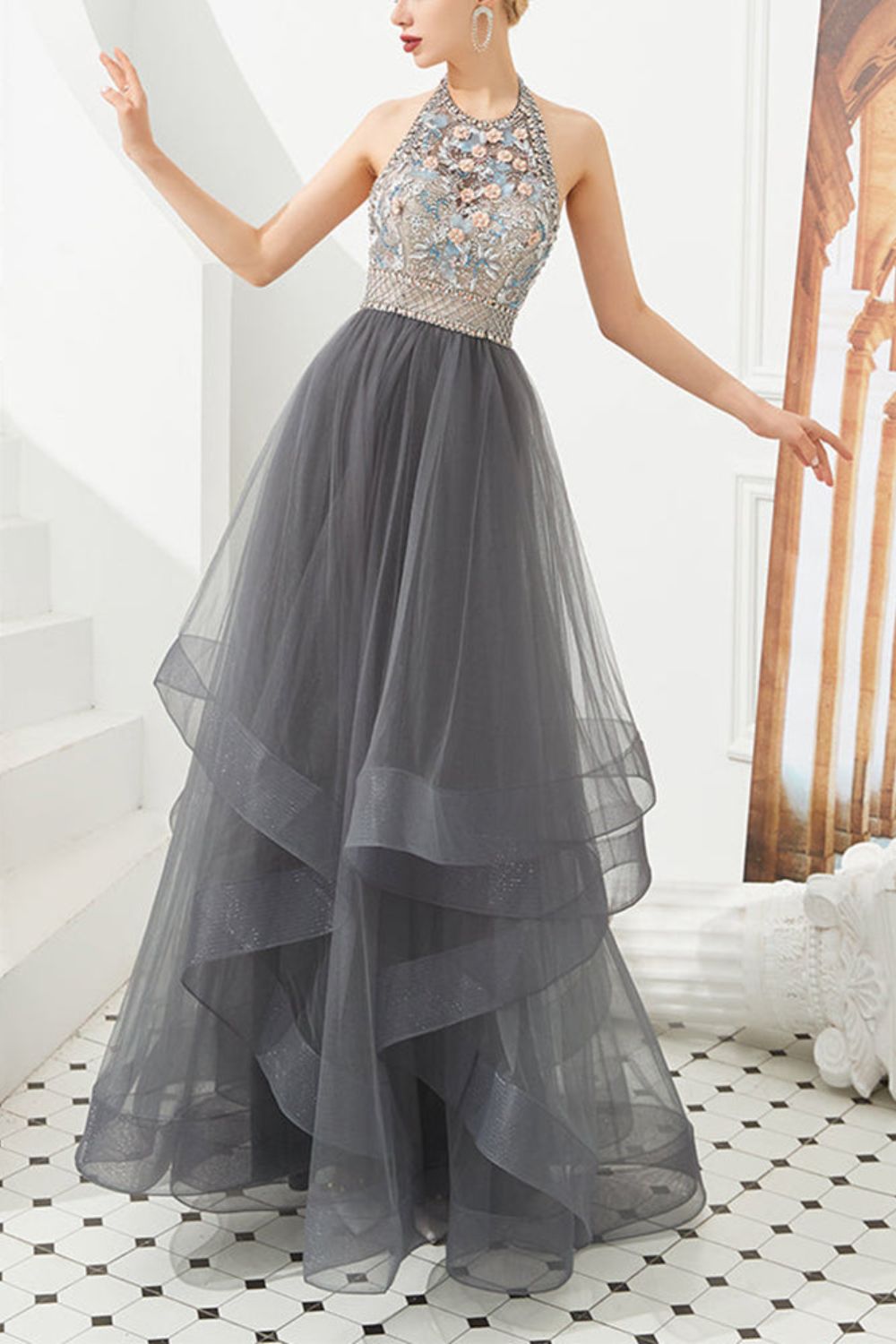 Dressime Asymmetrical Ball Gown Halter Tulle Prom Dress With Beaded dressime