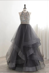 Dressime Asymmetrical Ball Gown Halter Tulle Prom Dress With Beaded dressime