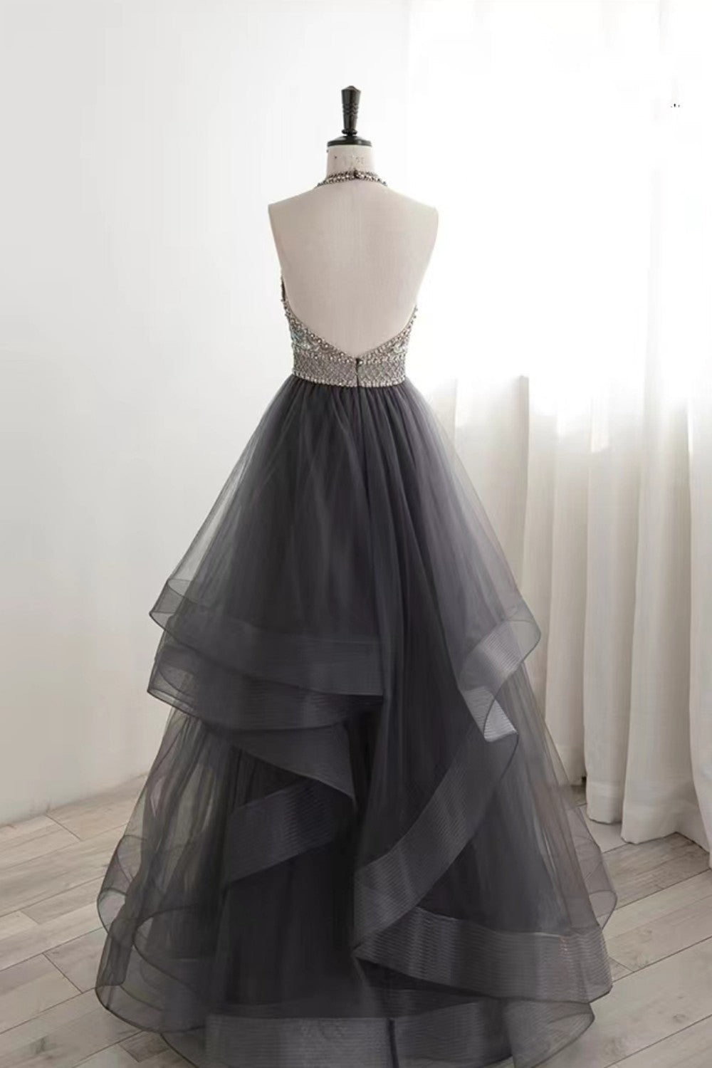 Dressime Asymmetrical Ball Gown Halter Tulle Prom Dress With Beaded dressime