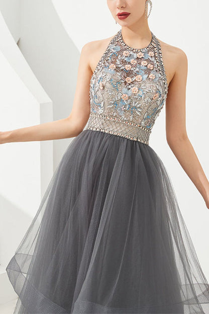 Dressime Asymmetrical Ball Gown Halter Tulle Prom Dress With Beaded dressime