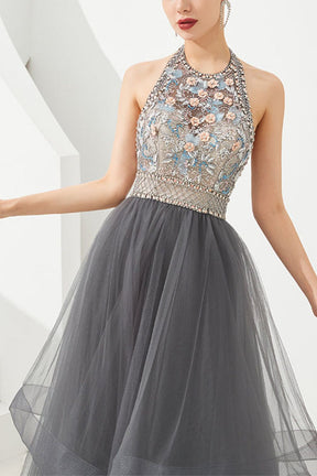 Dressime Asymmetrical Ball Gown Halter Tulle Prom Dress With Beaded dressime