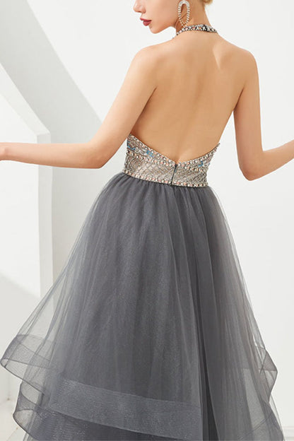 Dressime Asymmetrical Ball Gown Halter Tulle Prom Dress With Beaded dressime