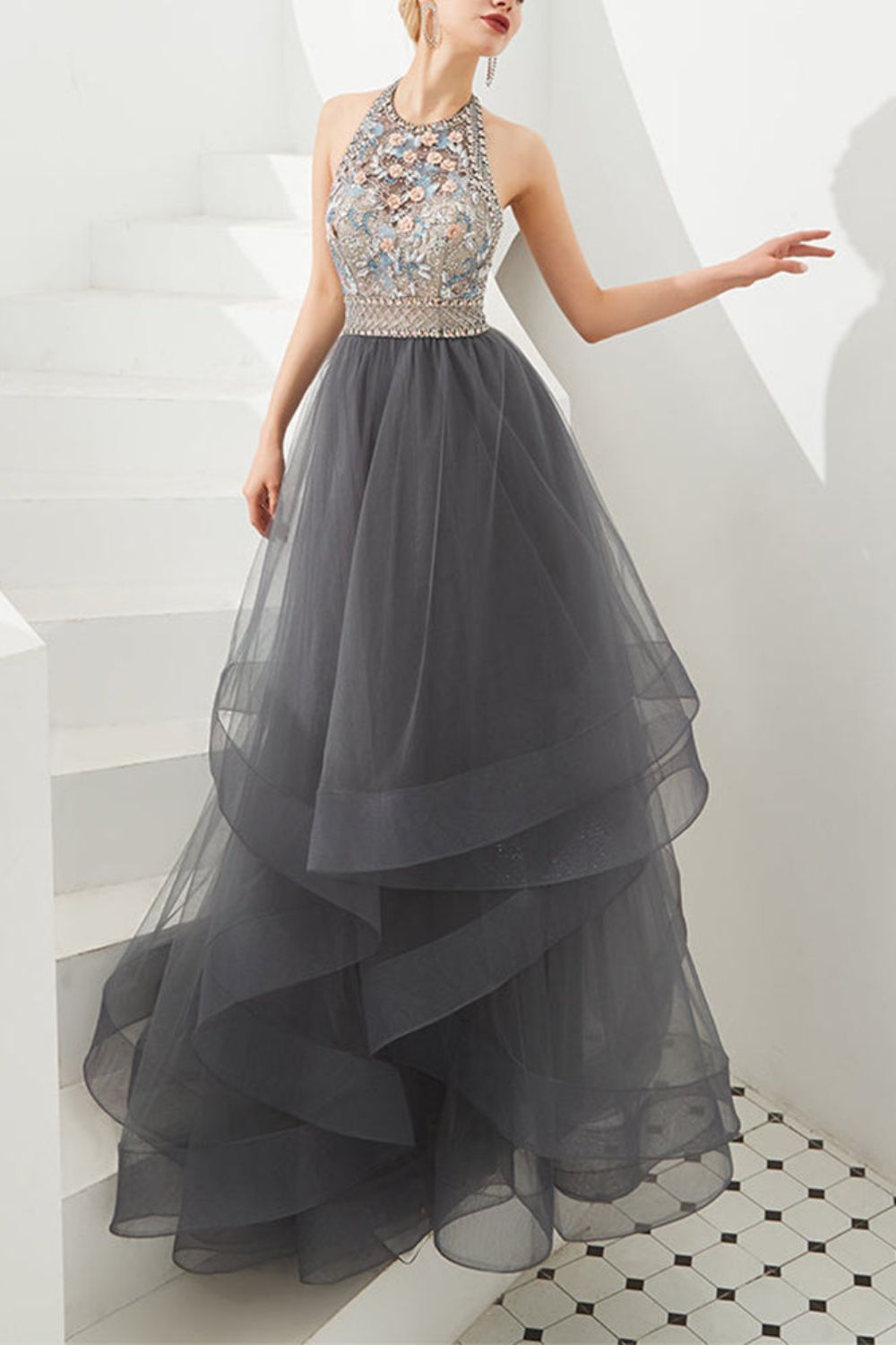 Dressime Asymmetrical Ball Gown Halter Tulle Prom Dress With Beaded dressime