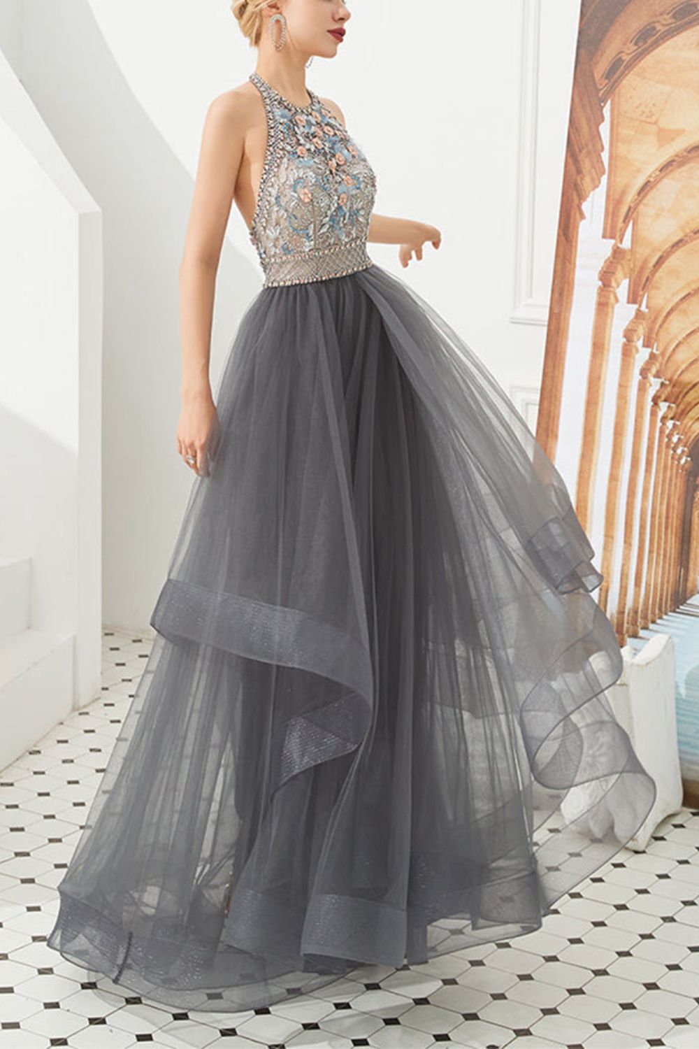 Dressime Asymmetrical Ball Gown Halter Tulle Prom Dress With Beaded dressime