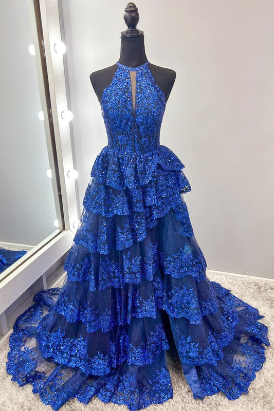 Dressime Ball Gown Halter Keyhole Ruffle Tiered Slit Long Prom Dress With Appliques dressime