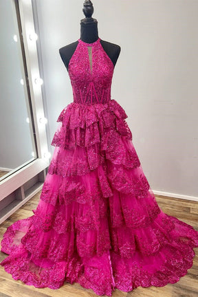 Dressime Ball Gown Halter Keyhole Ruffle Tiered Slit Long Prom Dress With Appliques dressime