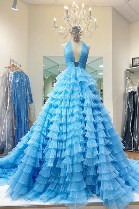 Dressime Ball Gown Halter Organza Tiered Long Prom Dress dressime