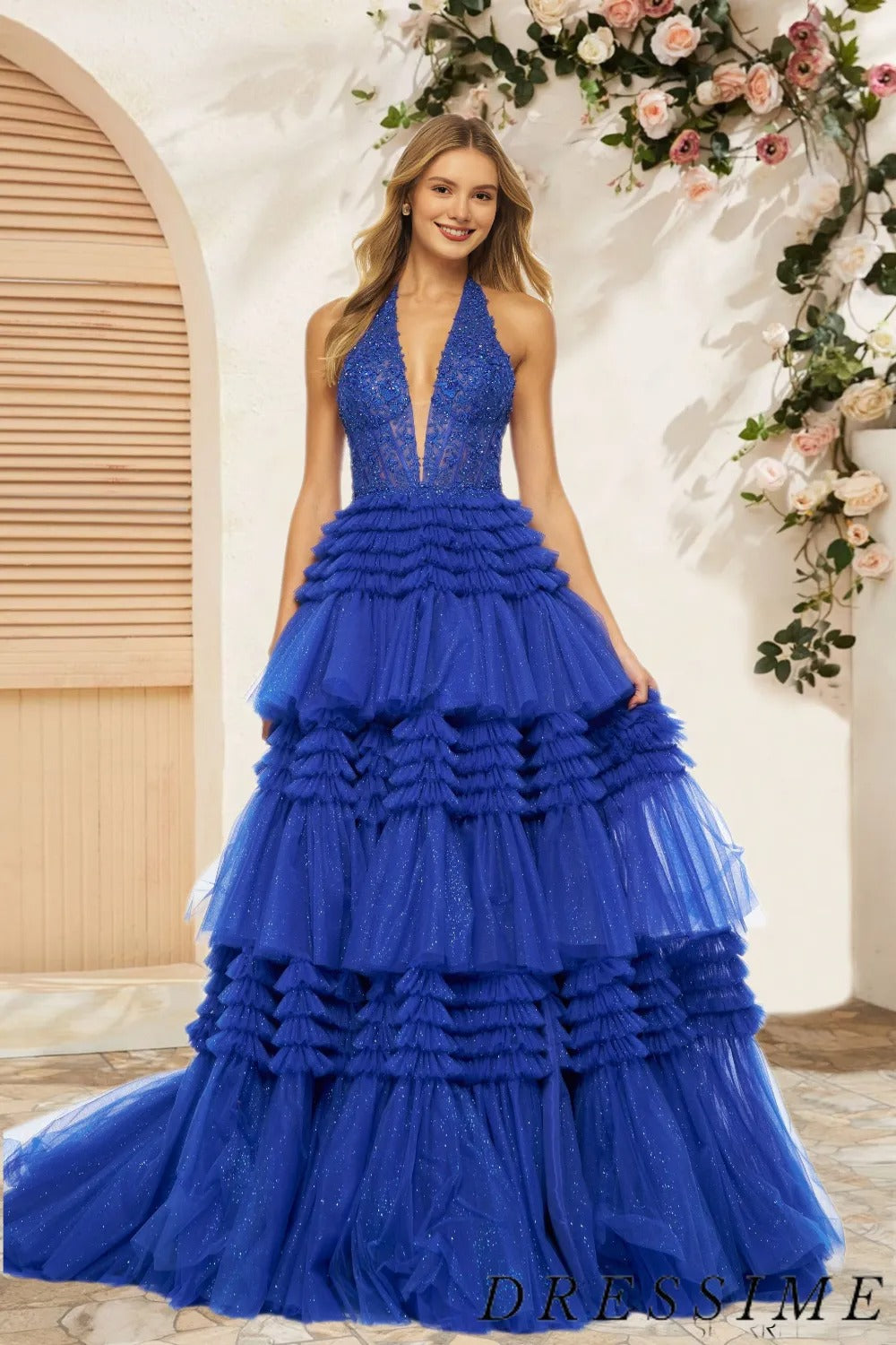 Dressime Ball Gown Halter Tulle Appliques Slit Ruffle Tiered Long Prom Dress dressime