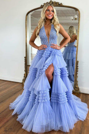 Dressime Ball Gown Halter Tulle Appliques Slit Ruffle Tiered Long Prom Dress dressime