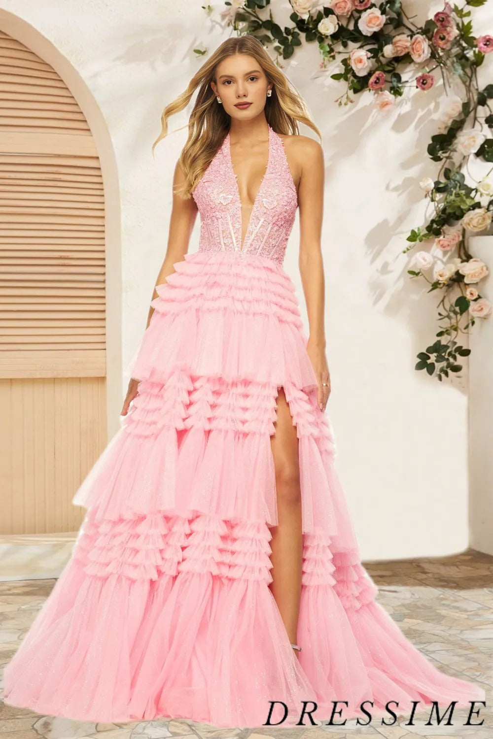 Dressime Ball Gown Halter Tulle Appliques Slit Ruffle Tiered Long Prom Dress dressime