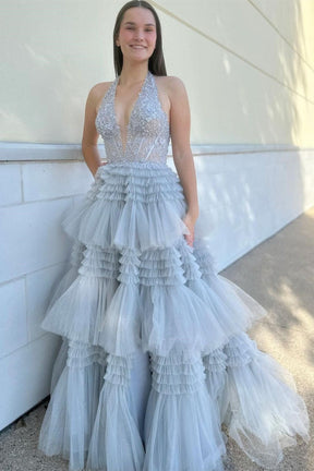 Dressime Ball Gown Halter Tulle Appliques Slit Ruffle Tiered Long Prom Dress dressime