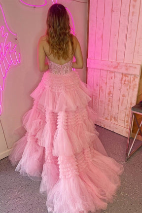 Dressime Ball Gown Halter Tulle Appliques Slit Ruffle Tiered Long Prom Dress dressime