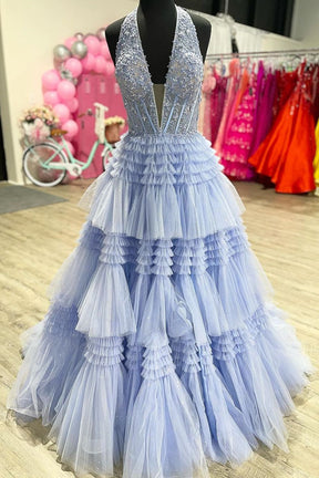 Dressime Ball Gown Halter Tulle Appliques Slit Ruffle Tiered Long Prom Dress dressime