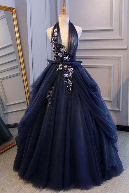 Dressime Ball Gown Halter V Neck Tulle Long Princess Dress With Appliques dressime