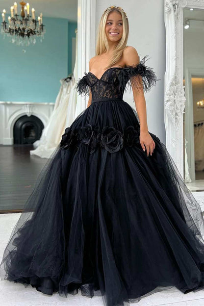 dressimeBall Gown Lace Feather Off-the-Shoulder Long Prom Dresses with 3D Floral Lace 