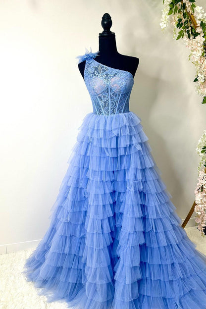 dressimeBall Gown Lace One Shoulder Multi-Tiered Prom Dresses with Ruffles 