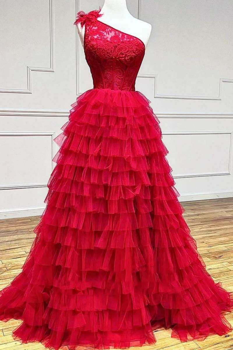 dressimeBall Gown Lace One Shoulder Multi-Tiered Prom Dresses with Ruffles 