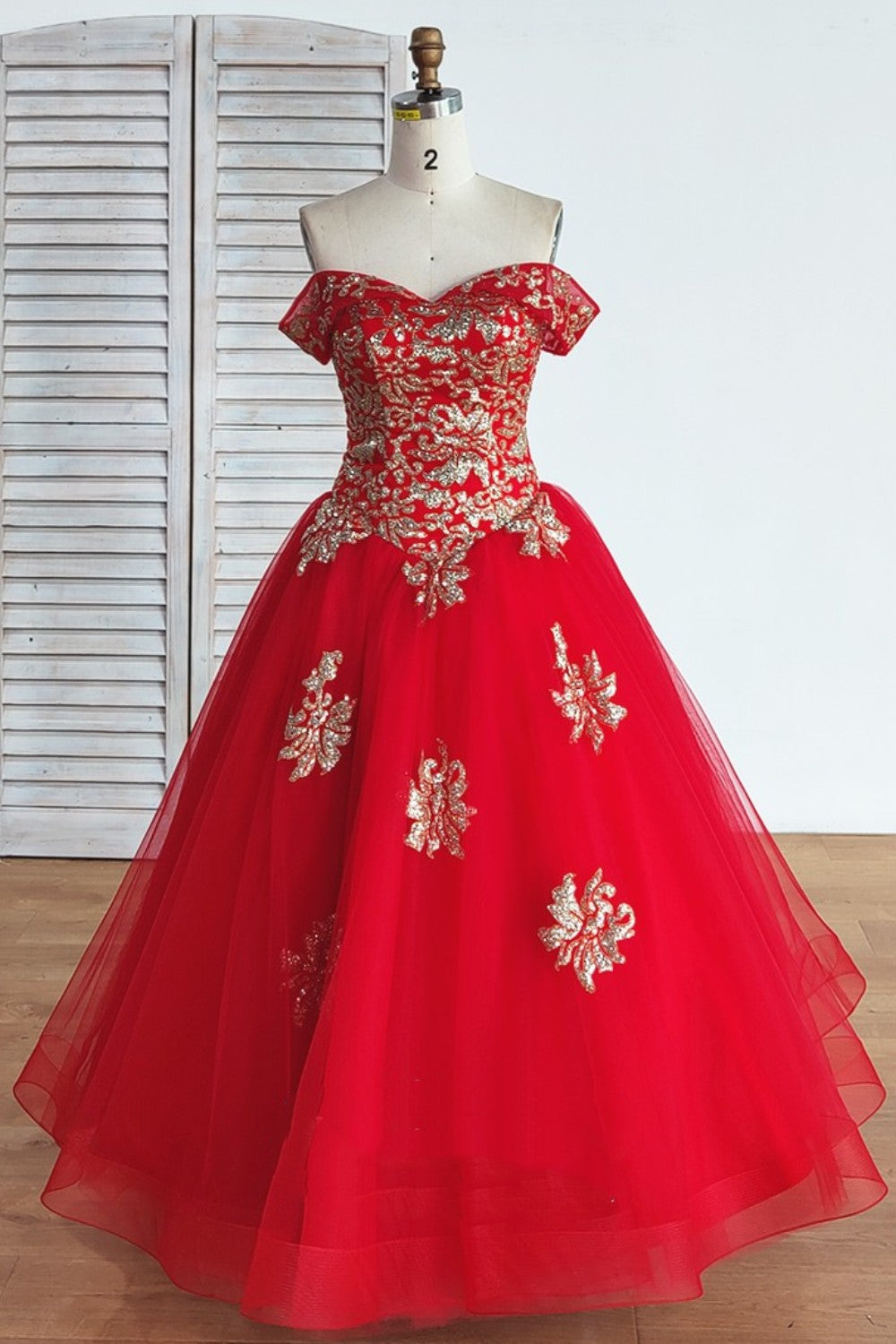 Dressime Ball Gown Off The Shoulder Tulle Long Princess Dress Appliques&Beads dressime