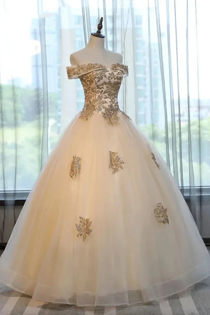 Dressime Ball Gown Off The Shoulder Tulle Long Princess Dress Appliques&Beads dressime